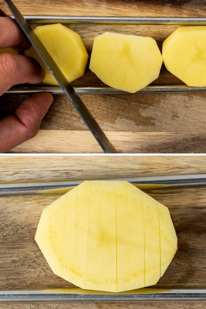 thinly slicing potatoes on a cutting board