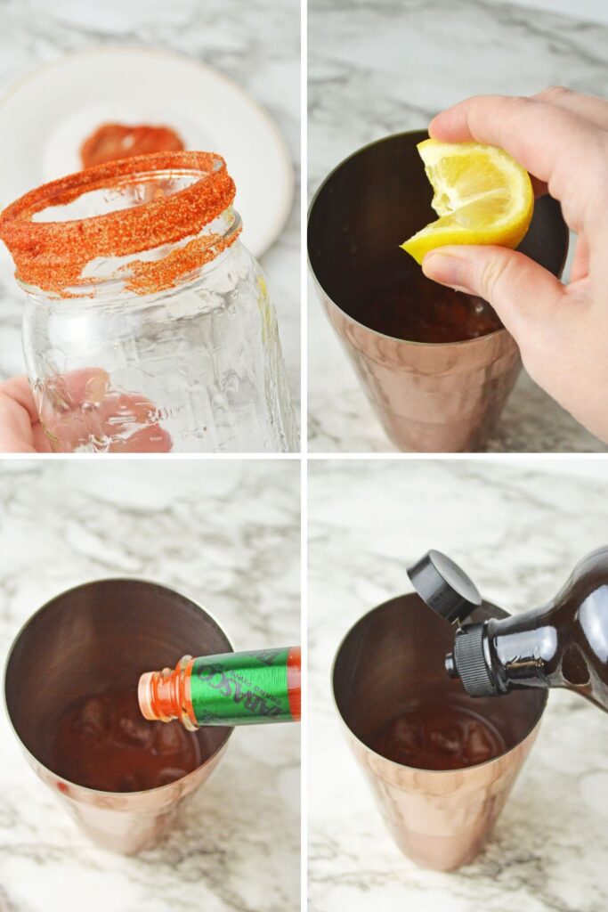 collage of how to make a Bloody Maria in a cocktail shaker
