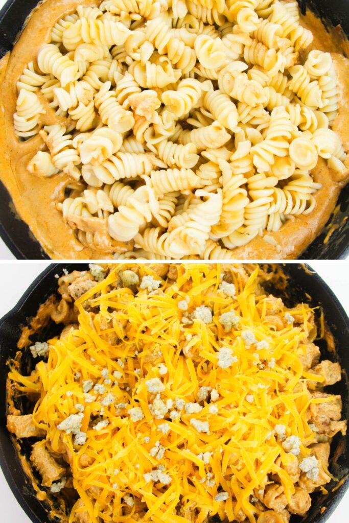collage on how to make creamy buffalo sauce and chicken with cheese in skillet