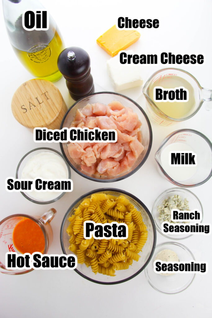 buffalo pasta ingredients with labels on white counter