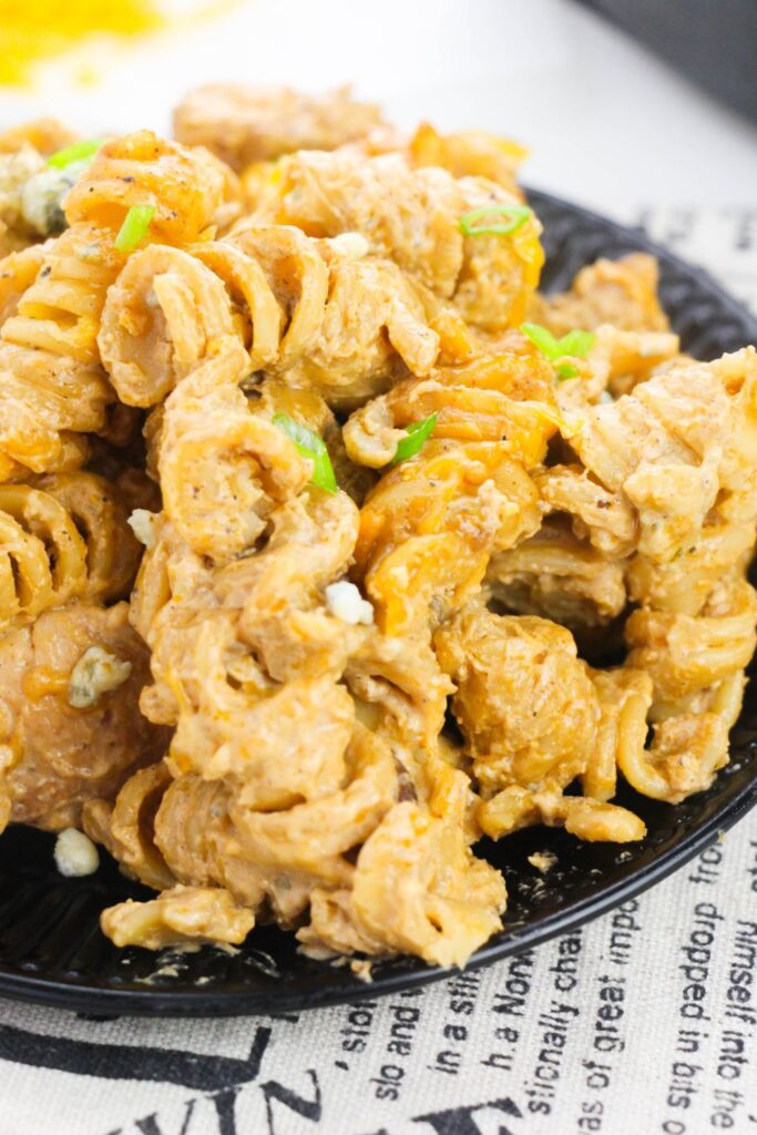 buffalo ranch chicken pasta on a plate on counter