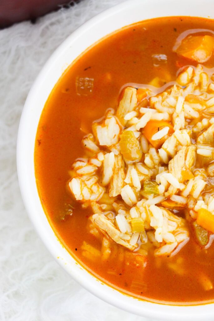 overhead view of soup in a bowl