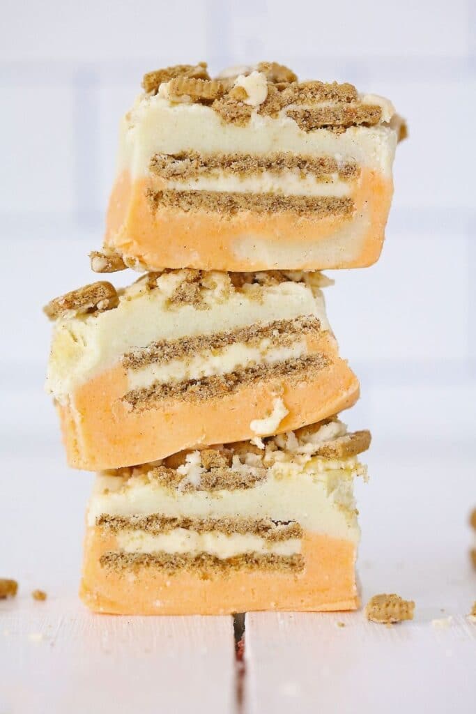 stacked carrot cake fudge on wooden table