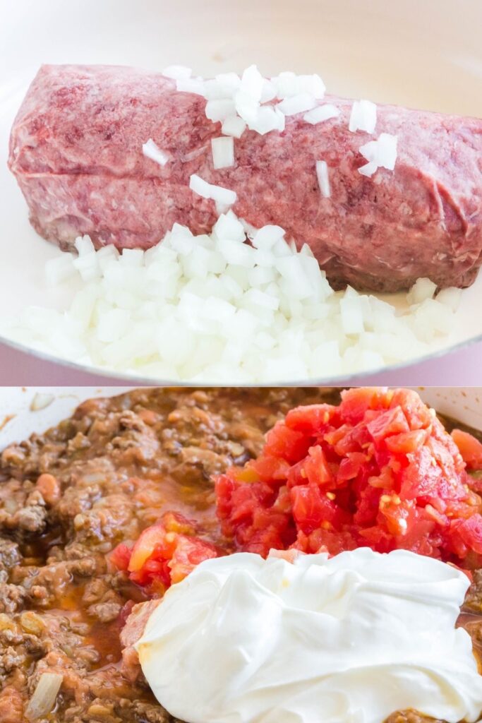 ground beef in a skillet with onion and then sour cream and rotel in pan on top of beef on bottom picture