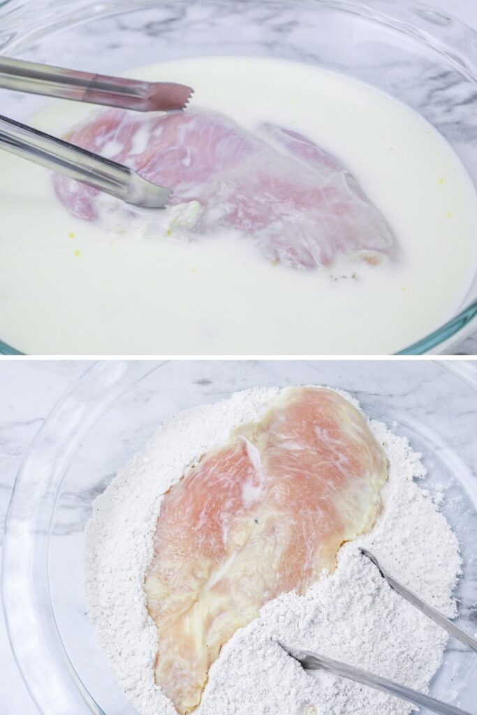 showing in collage on how to dredge chicken