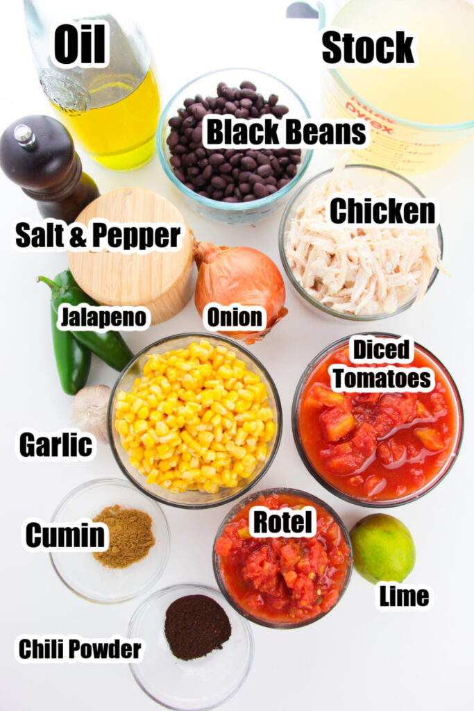 ingredients for chicken tortilla soup on white counter