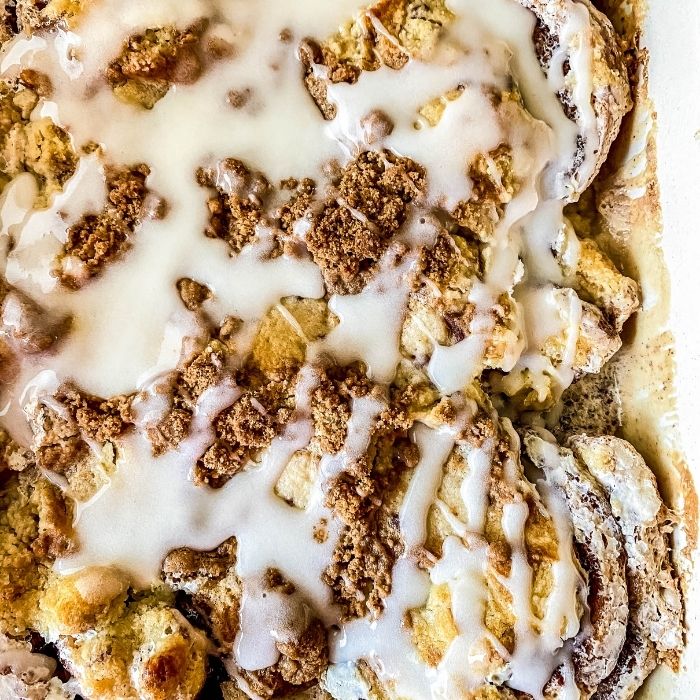 cinnamon roll dessert in baking dish overhead shot