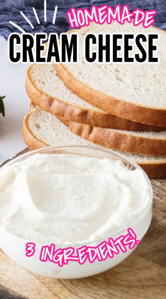 Cream cheese in bowl with bread by it on cutting board