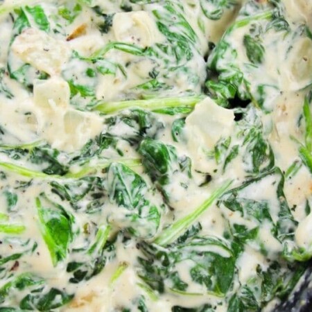 pan of creamed spinach cooking down