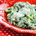 red plate with creamed spinach on top