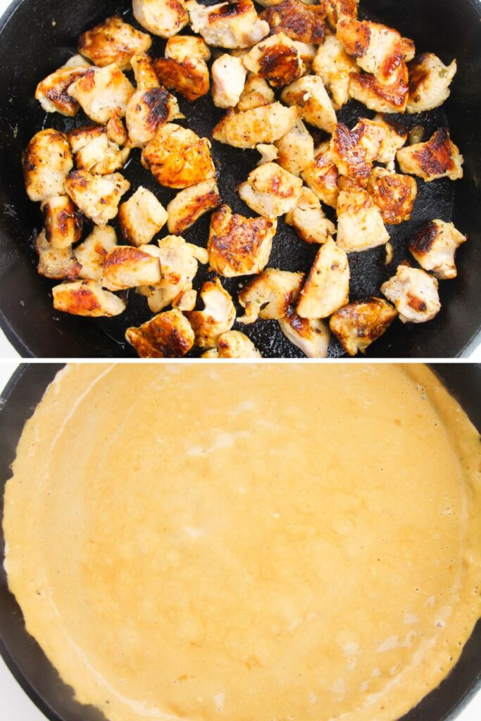 cooked chicken in skillet and buffalo sauce