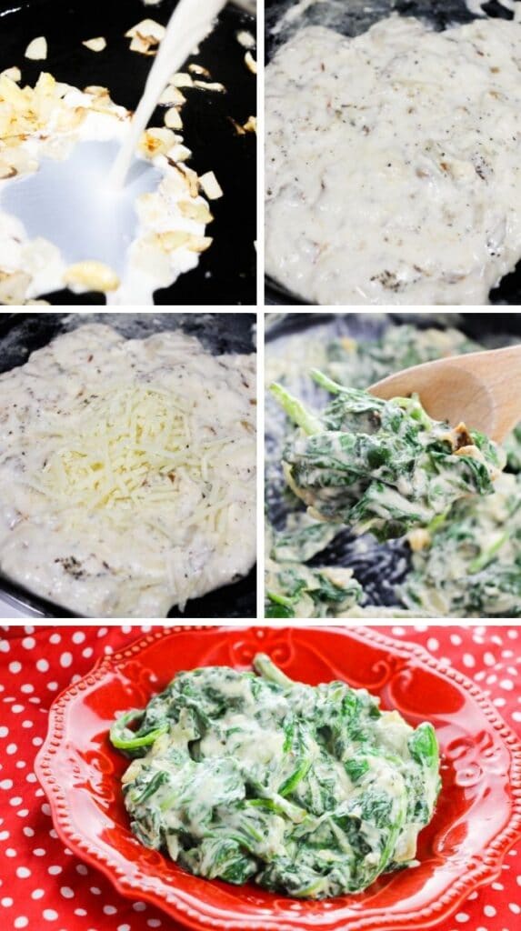 Creamed spinach cooked with garlic and onion in a red skillet