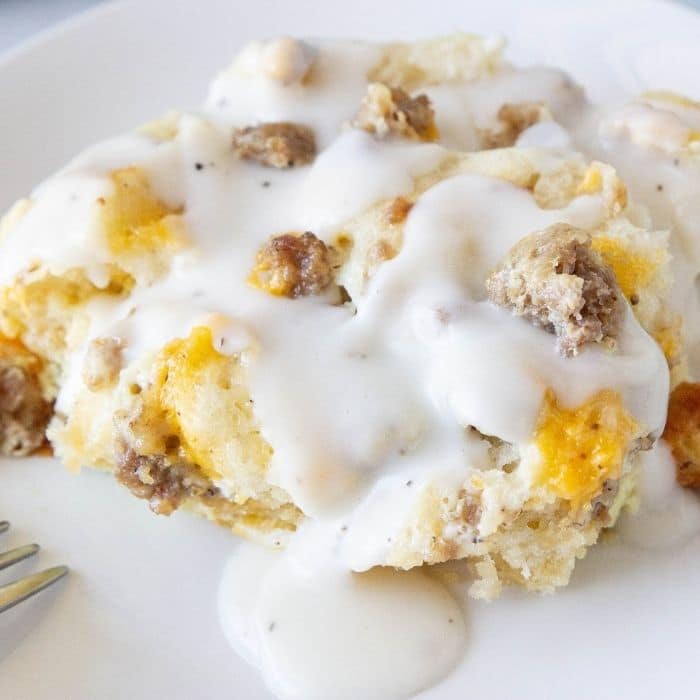 breakfast casserole with gravy poured over it