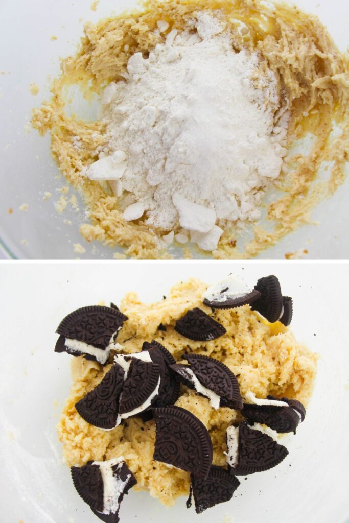 collage of how mixing cookie dough together then adding in Oreo cookies