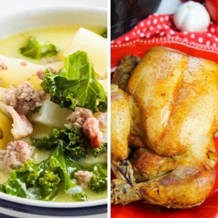 zuppa toscana and whole chicken on a platter