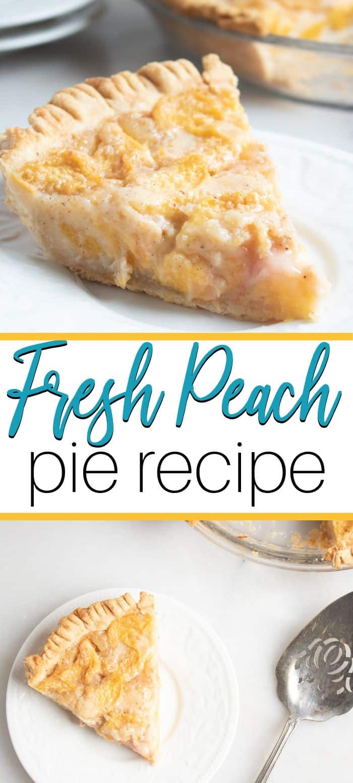 Fresh peach pie is perfect for peach season. An easy peach pie recipe, that you can make for any occasion. This peach pie recipe is fast to prep. #peach #peachpie #pie #fruitpie #recipe #dessert #holiday #party #fresh #peachseason fresh peach pie sliced on plate