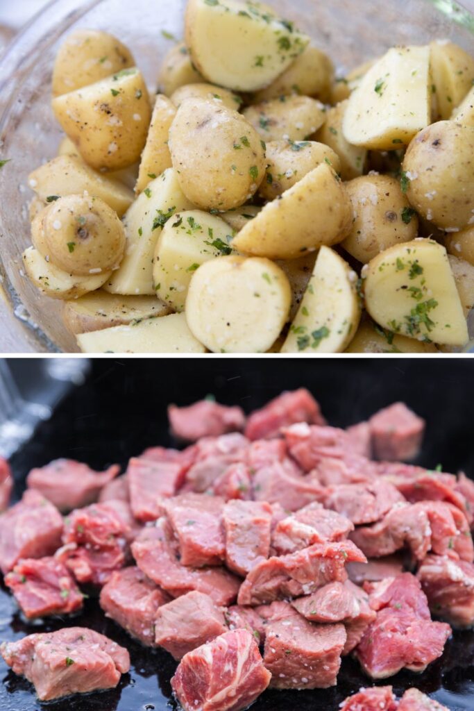 top bowl potatoes and bottom steak bites