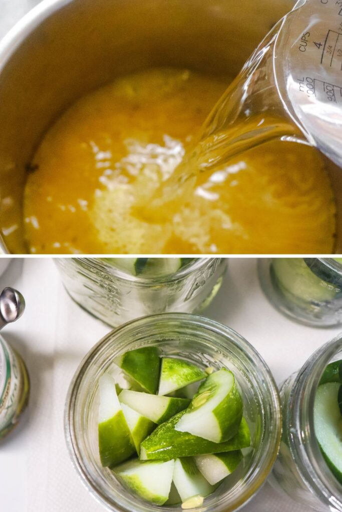 collage of pickling base and pickles in a jar