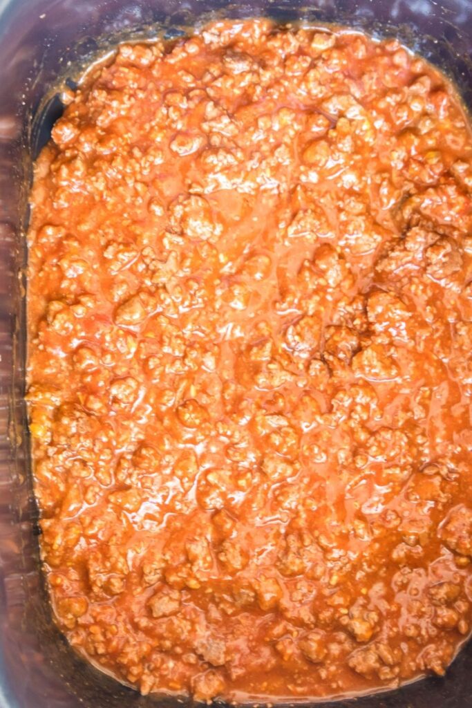 hot dog chili sauce overhead shot in crockpot