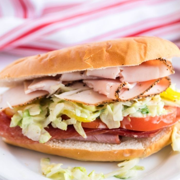 side view of grinder sandwich on plate