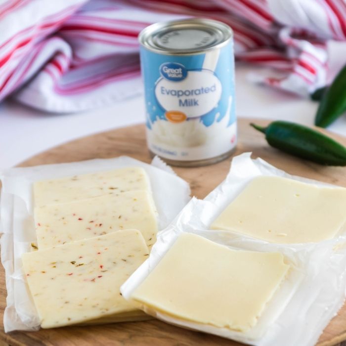 ingredients for White Cheese Dip on cutting board