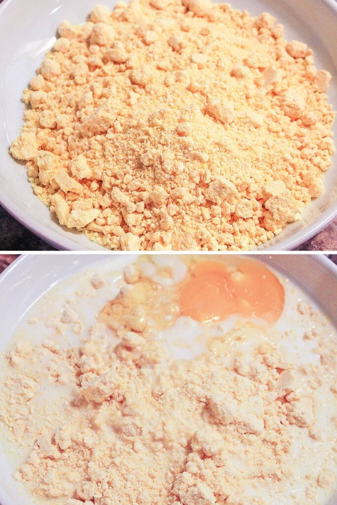 collage of cornmeal in bowl and then second picture is cornmeal and milk and egg in second bowl