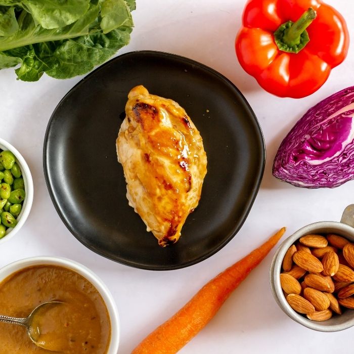 overhead shot of chicken and veggies