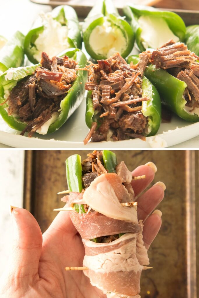 brisket topped on stuffed peppers on top image and bottom image is bacon wrapped peppers with toothpicks