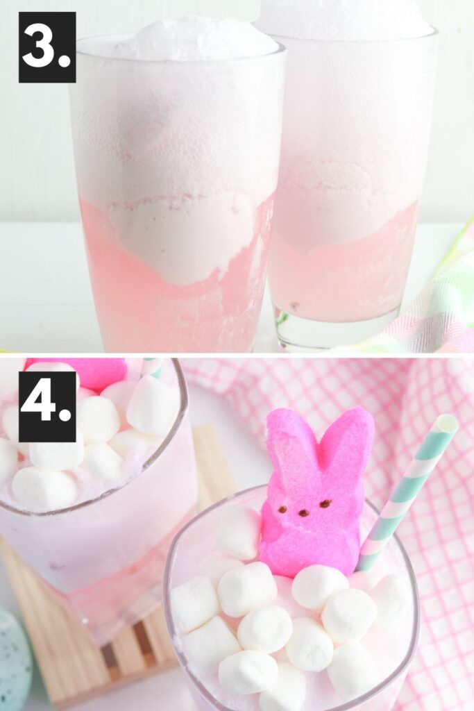 collage top glass is strawberry ice cream foamy in cup, second image is cup topped with marshmallows and a pink easter peep candy