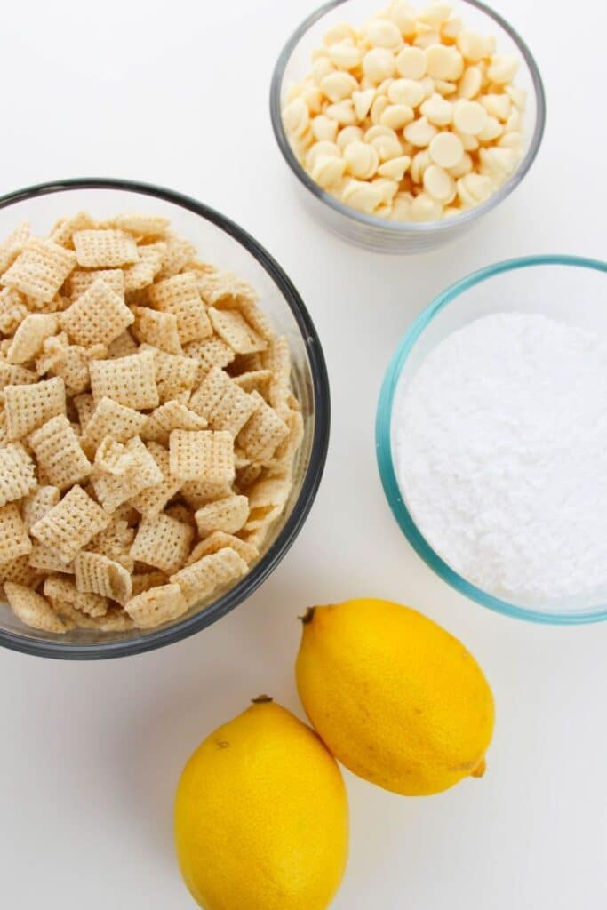 chex mix muddy buddies ingredients on white counter
