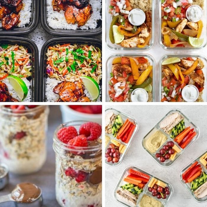 collage of meal prep food in containers and jars