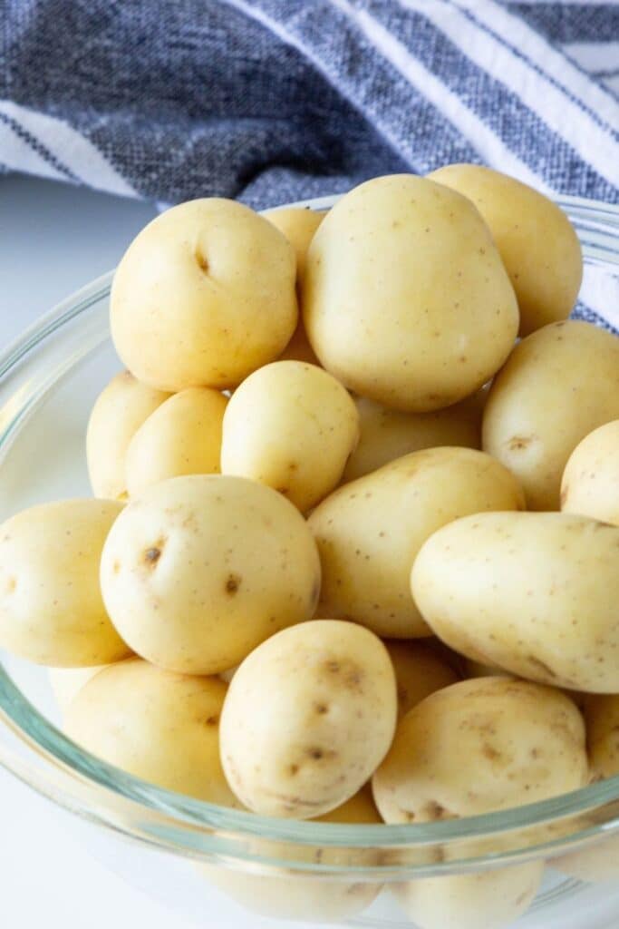 potatoes in a glass bowl on counter