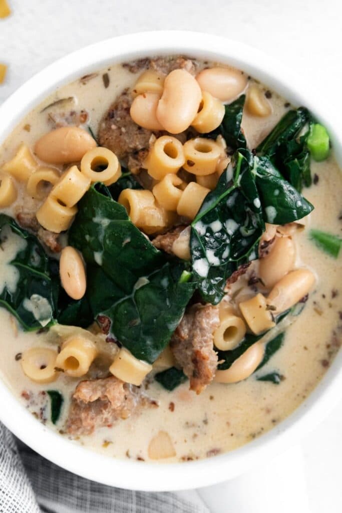 olive garden copycat soup in a white bowl on table