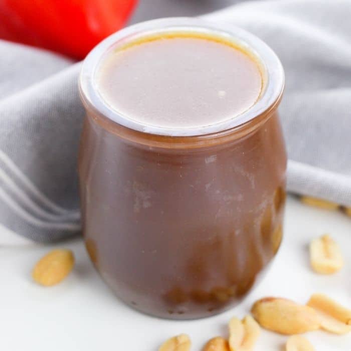 panda express kung pao sauce in clear jar on counter