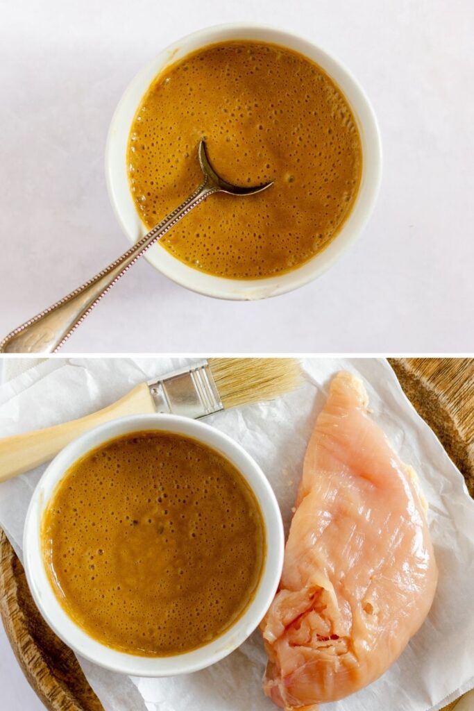 peanut sauce in a bowl and then chicken and peanut sauce with chicken on it