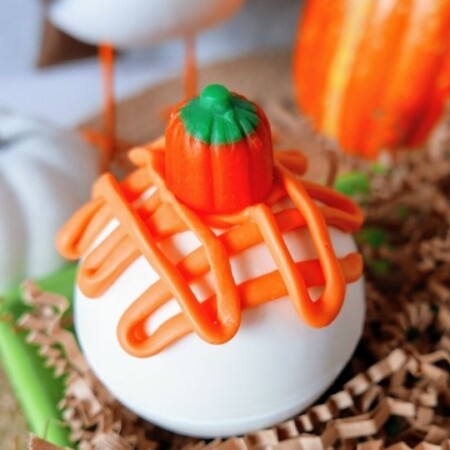 view from side of pumpkin hot chocolate bomb