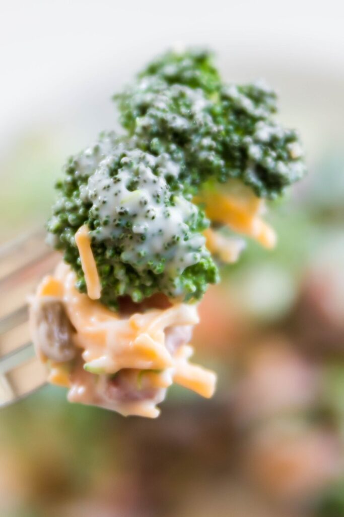 broccoli salad on fork