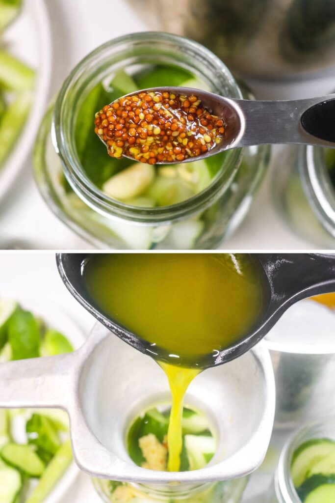 collage on mustard and brine going into pickling jars