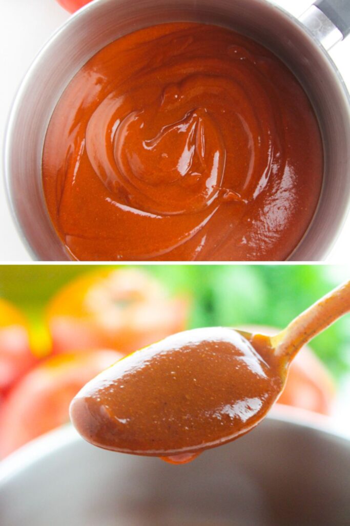 red sauce in a pan and then red sauce on a metal spoon