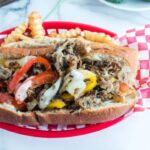 Skillet Shaved Steak Sandwich in a basket on table
