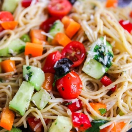 spaghetti salad in a bowl on table