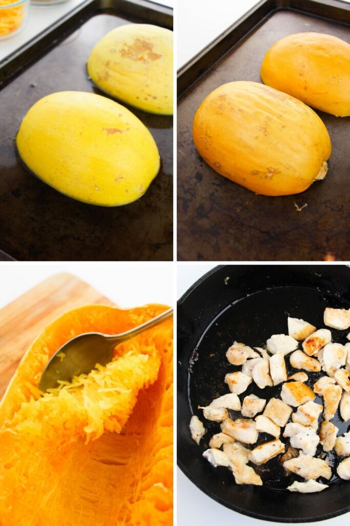 collage on cooking spaghetti squash and chicken