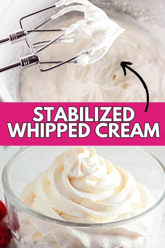stabilized whipped cream on mixer and in a bowl