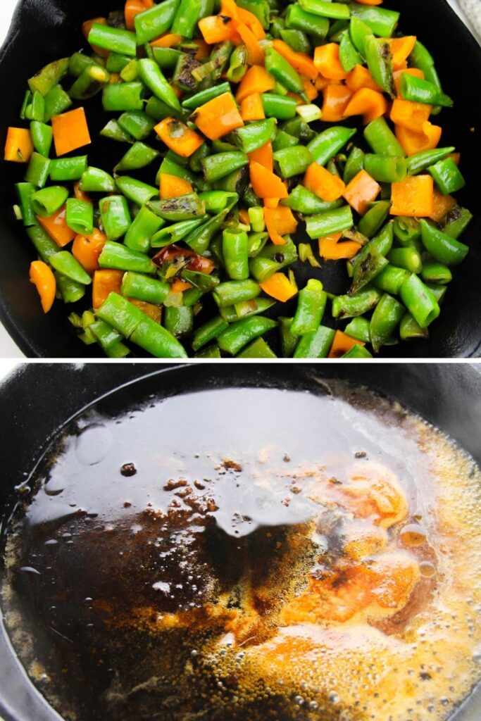 veggies in skillet and sauce in skillet on bottom picture