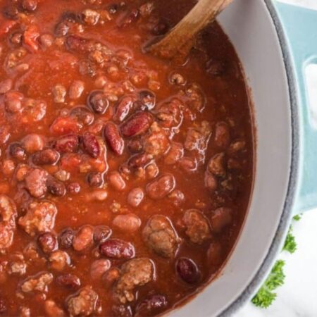 Dutch oven with chili in a pot