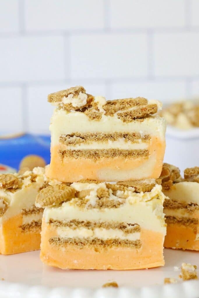 sweetened condensed fudge stacked up on top of each other