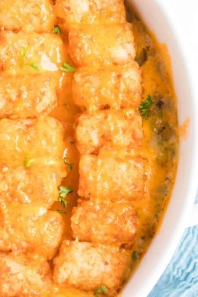 Tater Tot Casserole in a dish on the table