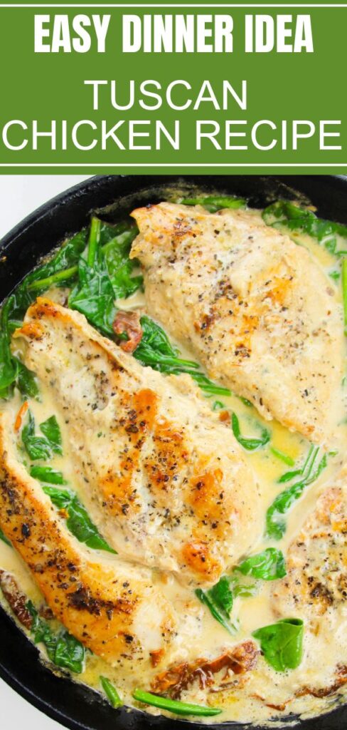 pinterest image of chicken in pan with a creamy sauce and spinach in pan