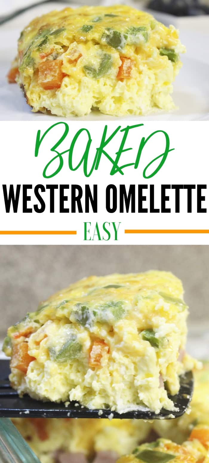 Serve up this baked western omelette for breakfast, lunch, or dinner! Easy prep, and within no time you have a fluffy egg omelet baked in the oven. #western #denver #omelette #easy #baked #casserole #peppers #cheese #breakfastcasserole #recipe #ham #bake #simple #Athome #lunch #healthy western omelette