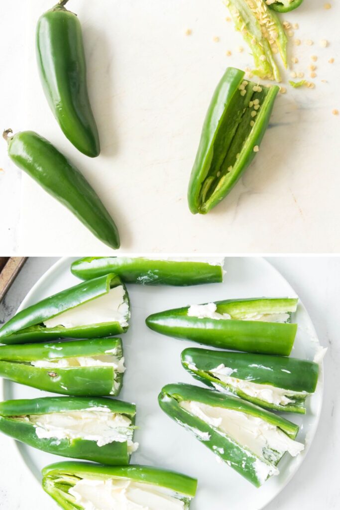 jalapeno in collage being cored out, and then stuffed with cream cheese.